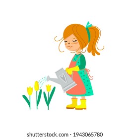 Cute little girl watering flowers. Happy cartoon kid holding watering can and care for her tulips. Cartoon female child gardener. Vector hand drawn illustration isolated on white. 