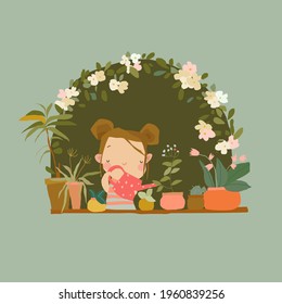 Cute Little Girl watering House Plants with Watering Can