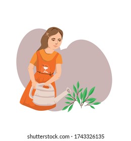 Cute little girl watering the plant vector illustration.