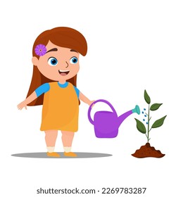 cute little girl is watering a plant. farmer, gardener. vector