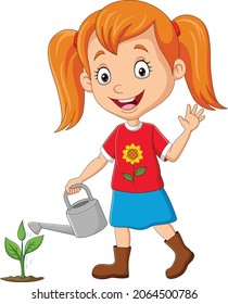 Cute little girl watering plants