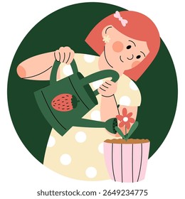 Cute little girl watering a potted flower with a watering can. Spring gardening activity for kids, home plant care, fun nature hobby. Flat cartoon-style vector illustration.