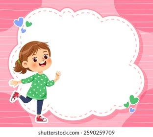 Cute little girl waving cheerfully on the side of white frame with pink background. Vector illustration