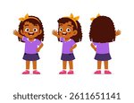 Cute Little Girl Waving Hand Front and Back View Wearing Purple T-Shirt and Skirt Illustration