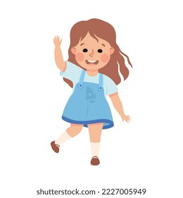 Cute Little Girl Waving Raised Hand Greeting Vector Illustration