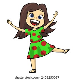 Cute little girl waving and smiling. Vector cartoon  
illustration of a teenager in casual street clothes presenting. Outlined.