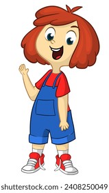 Cute little girl waving and smiling. Vector cartoon  
illustration of a teenager in casual street clothes presenting. Outlined.
