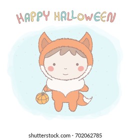 Cute little girl wearing fox costume for Halloween, colorful vector illustration in hand drawn style