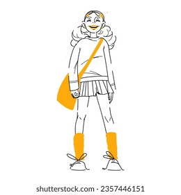 Cute little girl wearing jumper and skirt with shoulder canvas bag. Black Outline Vector illustration, female character design isolated on white background