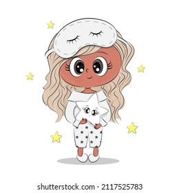 Cute little girl, wearing pajamas and a sleep mask, Cute baby illustration, For card design, Printing on textiles, on a t-shirt or gift box, decoration of a children's room, Vector illustration