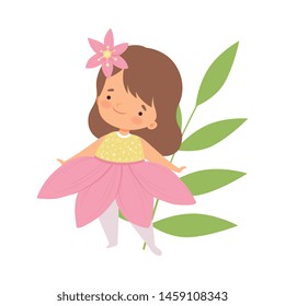 Cute Little Girl Wearing Pink Flower Costume, Adorable Kid in Carnival Clothes Vector Illustration