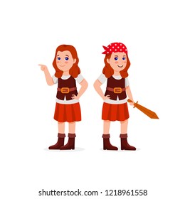 Cute Little Girl Wearing Pirates Costume Vector Cartoon Illustration