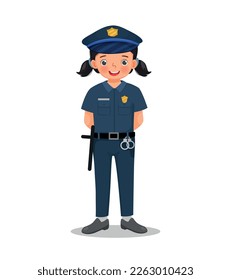 Cute little girl wearing police uniform pretending to be police officer