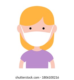 Cute little girl wearing in protective medical mask against virus. Cartoon happy girl vector illustration isolated on white.