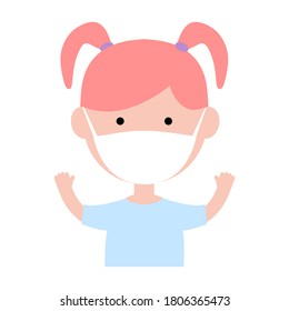 Cute little girl wearing in protective medical mask against virus. Cartoon happy girl vector illustration isolated on white.