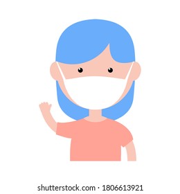 Cute little girl wearing in protective medical mask against virus. Cartoon happy girl vector illustration isolated on white.