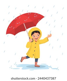 Cute little girl wearing raincoat holding umbrella playing in the rain