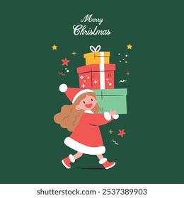 Cute little girl wearing santa claus dress carrying many presents in her hands. Christmas and holiday concert. Merry christmas greeting card, invitation, banner. Vector flat illustration.