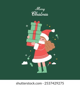 Cute little girl wearing santa claus dress carrying many presents in her hands. Christmas and holiday concert. Merry christmas greeting card, invitation, banner. Vector flat illustration.