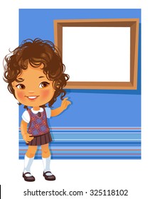 Cute little girl wearing school uniform. Schoolgirl pointing at white  text frame . Blue striped background with place for text.. Design of card, invitation, book, notepaper cover.