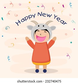 Cute little girl wearing sheep mask with text Happy New Year on ribbon decorated background.