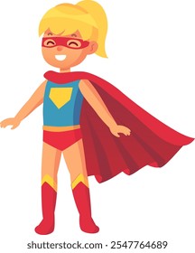 Cute little girl wearing superhero costume with red cape and mask standing with open arms, happy kid playing and dreaming of becoming super hero