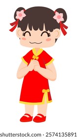 Cute Little Girl Wearing Traditional Chinese Clothes In Greeting Pose, Vector Illustration. Chinese Lunar New Year.