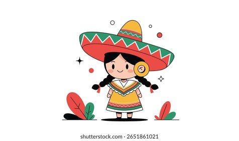 Cute Little Girl Wearing Traditional Mexican Sombrero and Colorful Outfit Celebrating Festivities