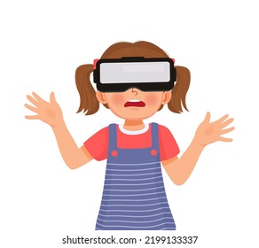 cute little girl wearing virtual reality headset exploring virtual world by gesturing with her hands