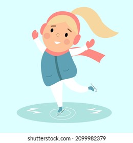 
Cute little girl wearing warm winter clothes ice skating on frozen surface, blue background