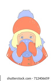 Cute little girl wearing winter clothes and warming herself by  drinking hot cacao.Vector illustration. Isolated on white background. Decorative element.