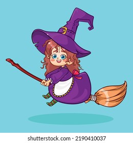 Cute little girl wearing a witch costume riding a broom during Halloween