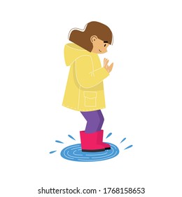 Cute little girl wearing yellow raincoat and jumping on a rain puddle. Rainy weather play. Cartoon vector illustration on white background.