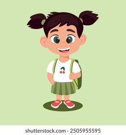 Cute little girl in white t-shirt, green skirt and red sandals with backpack on her back. Flat colorful vector character of smiling positive little schoolgirl isolated on light green background. EPS10