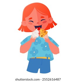 Menina bonita que está feliz comendo dois sorvetes ao mesmo tempo e reage alegremente a esta sobremesa. Ilustrações vetoriais desenhadas à mão em cores brilhantes. Conceito de momentos de infância feliz.