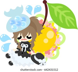A cute little girl who is ill and an ornament of cherry