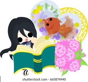 A cute little girl who is reading a book and a goldfish bowl