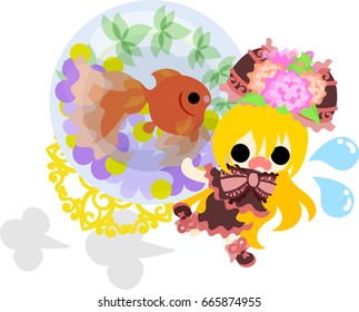 A cute little girl who runs hastily and a goldfish bowl
