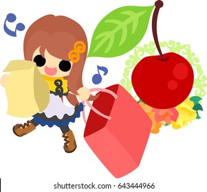 A cute little girl who is shopping and an ornament of cherry