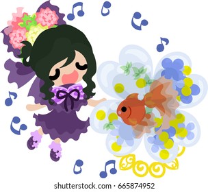 A cute little girl who is singing a song and a goldfish bowl