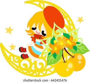A cute little girl who is sleeping and an ornament of cherry