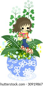 A cute little girl who is standing still on the flowerpot of shepherd's purse