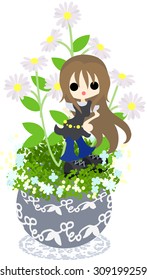 A cute little girl who is standing still on the flowerpot of Erigeron philadelphicus
