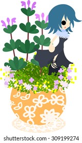 A cute little girl who is standing still on the flowerpot of henbit.