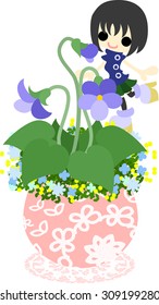 A cute little girl who is standing still on the flowerpot of violet