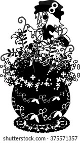 A cute little girl who is standing still on the flowerpot of vetch
