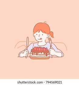 Cute little girl who wants to eat cake. hand drawn style vector doodle design illustrations.