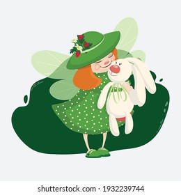 Cute little girl with wings in a green big hat with strawberry decor hugging a white rabbit - vector illustration