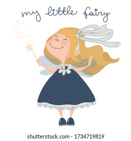 Cute little girl with wings with magic wand in her hands and text free hand drawing style vector