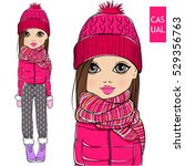 Cute little girl in winter clothes. Hand drawn cute teen with casual apparel. Personage in sketch style. Girl in warm clothes: hat, scarf, jacket. Cartoon teen